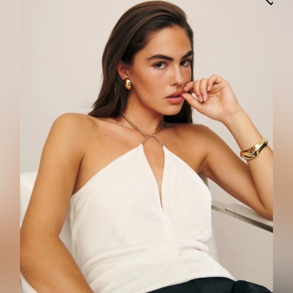 Reformation Violette Velvet Halter Top Fior Di Latte Ivory Silk Blend NWT Size M - Picture 5 of 7